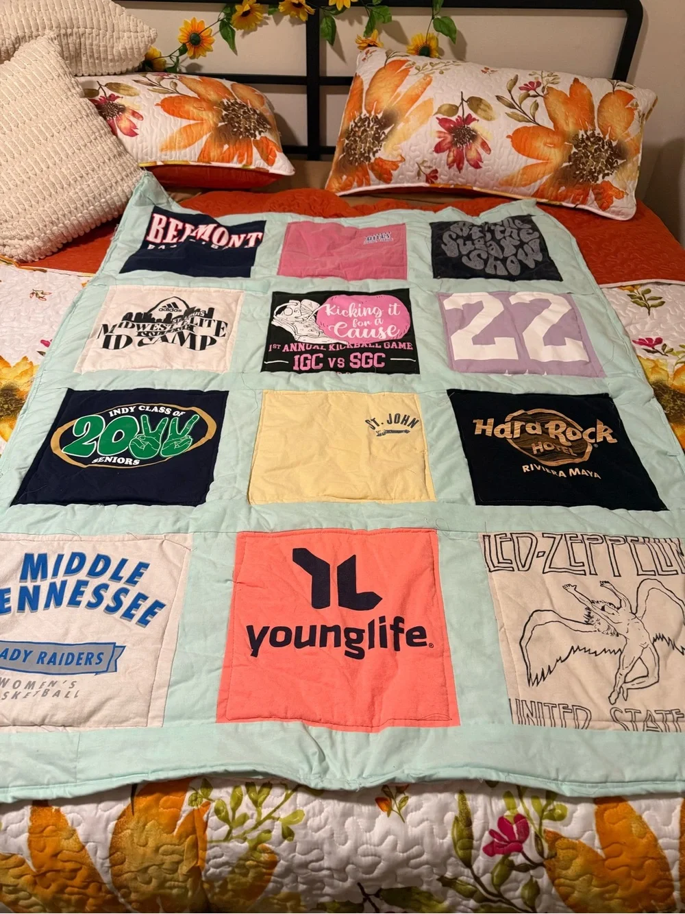 Patchwork T-Shirt Quilt - Mint and Coral hand made